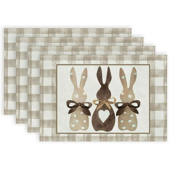 Easter Placemats 12x18 Inches Set of 4, Bunny Rabbit Spring Holiday Farmhouse Burlap Buffalo Plaid Indoor Table Mats Decorations for Home