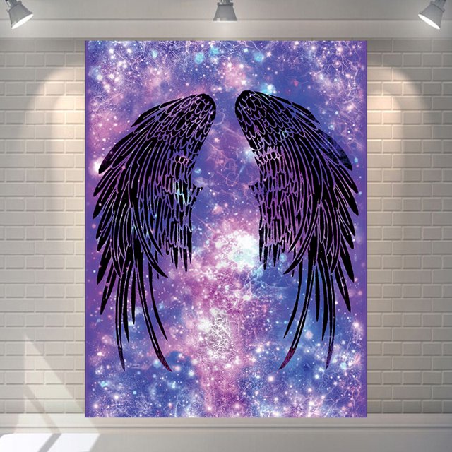 Tapiz para colgar en la pared con forma de galaxia con alas de ángel, color morado, 100 x 150 cm