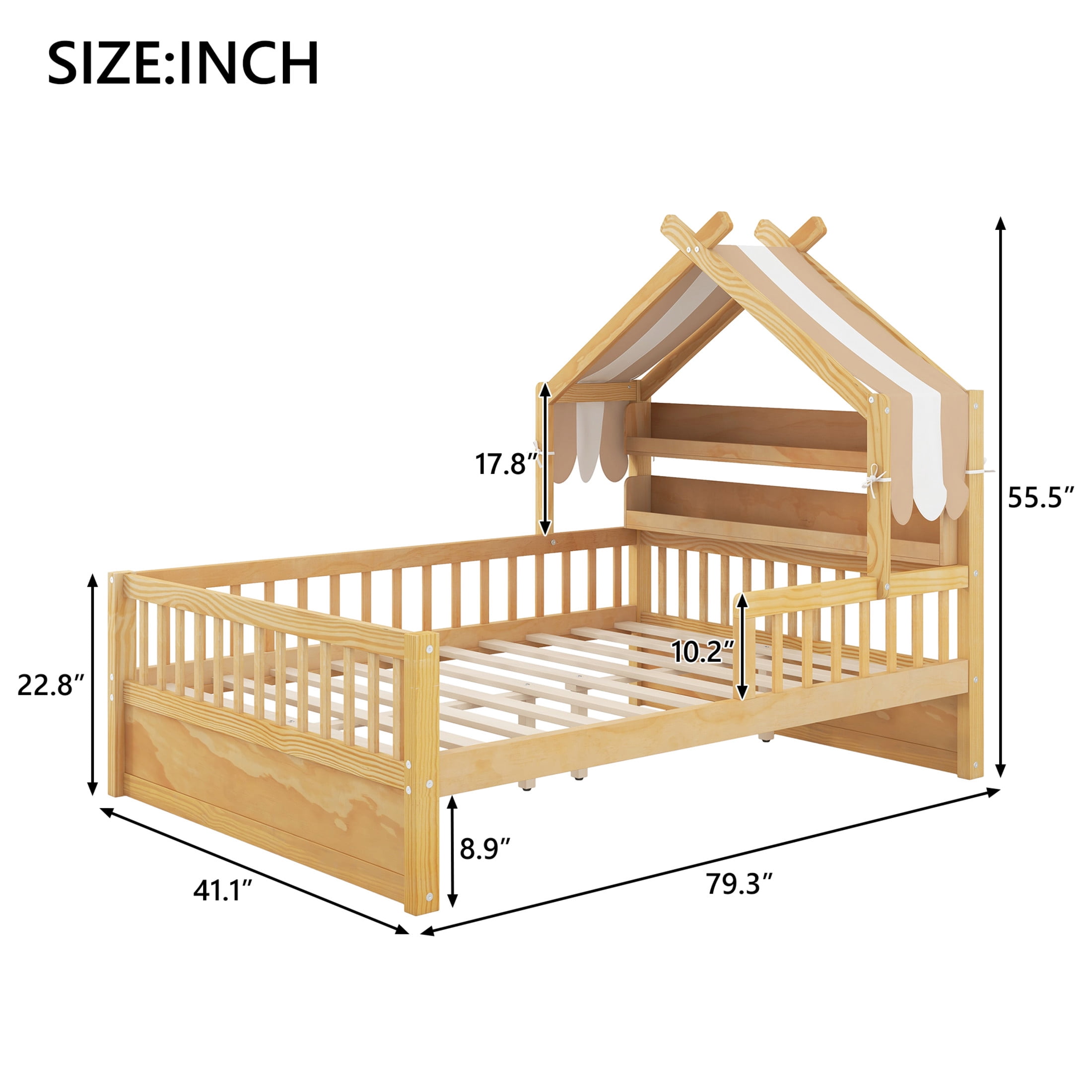 Noble House Twin Size Wooden House Bed with Storage Headboard Shelf and Fabric Canopy, Playful Kid Rooms, Natural