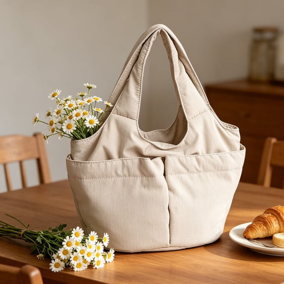 Women's Nylon Shoulder and Handheld Tote Bag, 31 x 18 cm, Large Capacity, Multi-Pocket Organizer for Strolling with Kids, Water-Repellent, Lightweight, Casual Everyday Use