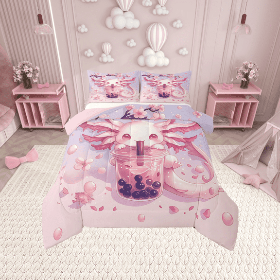 Erosebridal Pink Axolotl Comforter Sets Twin Size, Boba Milk Tea Comforters & Duvets, Blossoms Flower Reversible Duvet Insert, Microfiber Room Decoration, 2pcs