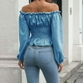 thumbnail image 4 of Yzengfg Women's Solid Color Front Tie Sleeve Off Shoulder Waist Short Chiffon Top Long Sleeve Blouse Blue, 4 of 4