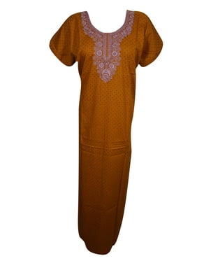 Mogul Womens Cotton Maxi Caftan Dress Neck Embroidered Short Sleeves Summer Fashion Beautiful Evening Kaftan Nightgown Sleepwear L
