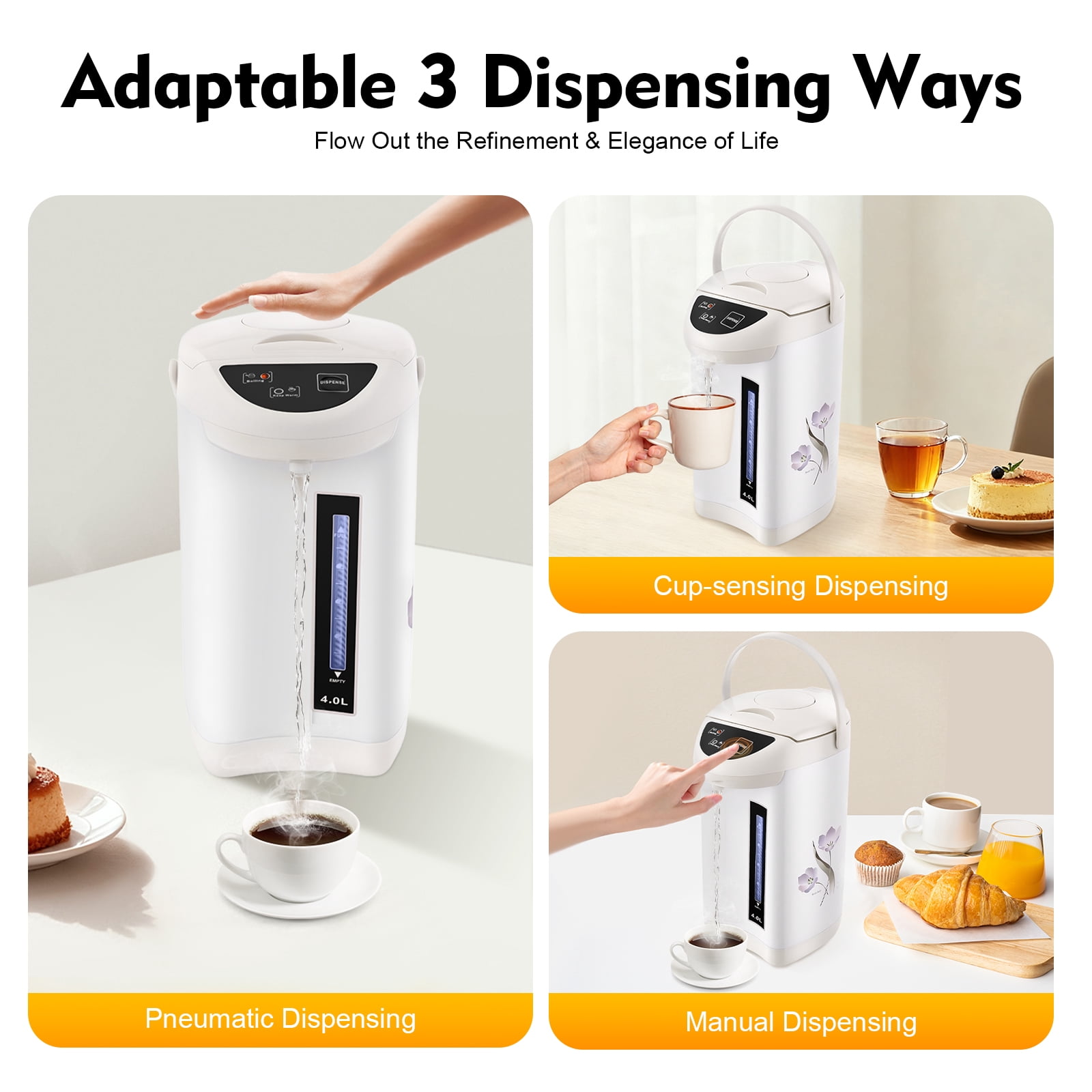 Electric Kettle 135oz 304 Stainless Steel Electric Tea Coffee Kettle, Boiler & Warmer Removable Water Tank 3 Water Dispensing Modes for Home Kitchen