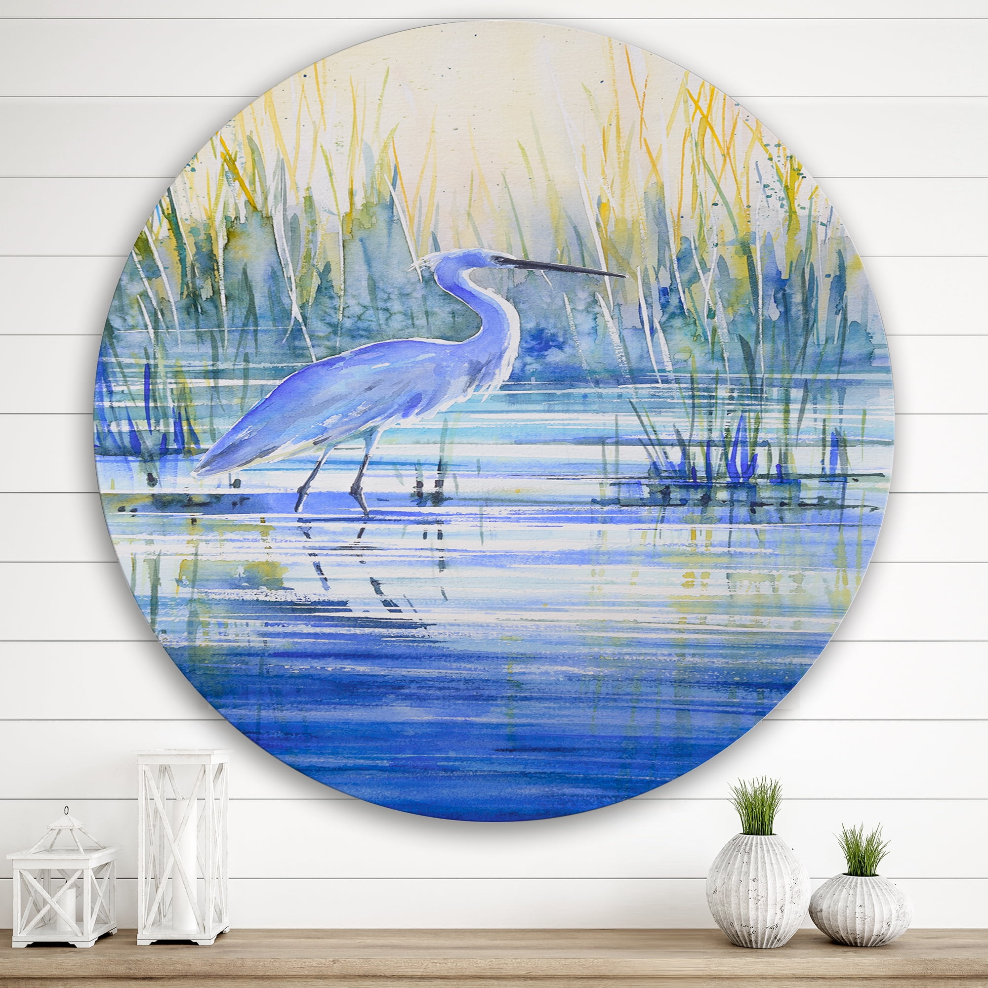 Designart 'Blue Heron On The Lake Shore' Traditional Circle Metal Wall Art 36x36 - Disc of 36