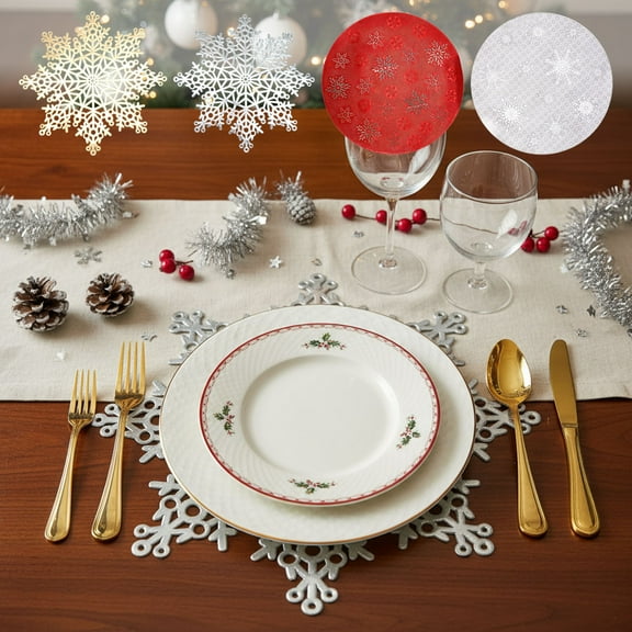 Snowflake Placemat, Round Pvc Table Mat, Washable Stain-resistant Heat-resistant, 15 Inch Diameter, for Home Dining Decor,Vsgery