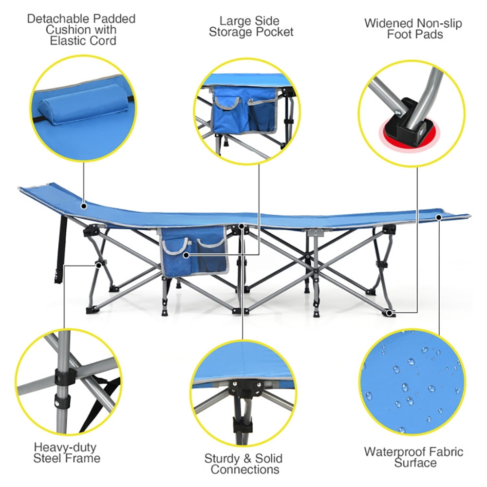 Aimee Lii Folding Camping Cot with Side Storage Pocket Detachable Headrest, Folding Sleeping Cot for Camping, Blue