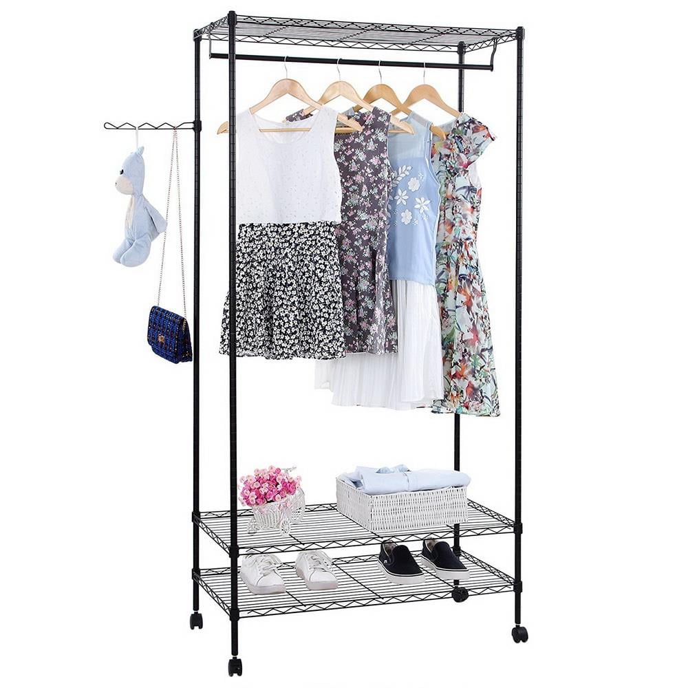 Ktaxon Sturdy Shelving Garment Rack Rolling Clothes Rack for Closet Organizer Movable Wardrobe with 3 Adjustable Shelves and Side Hanger