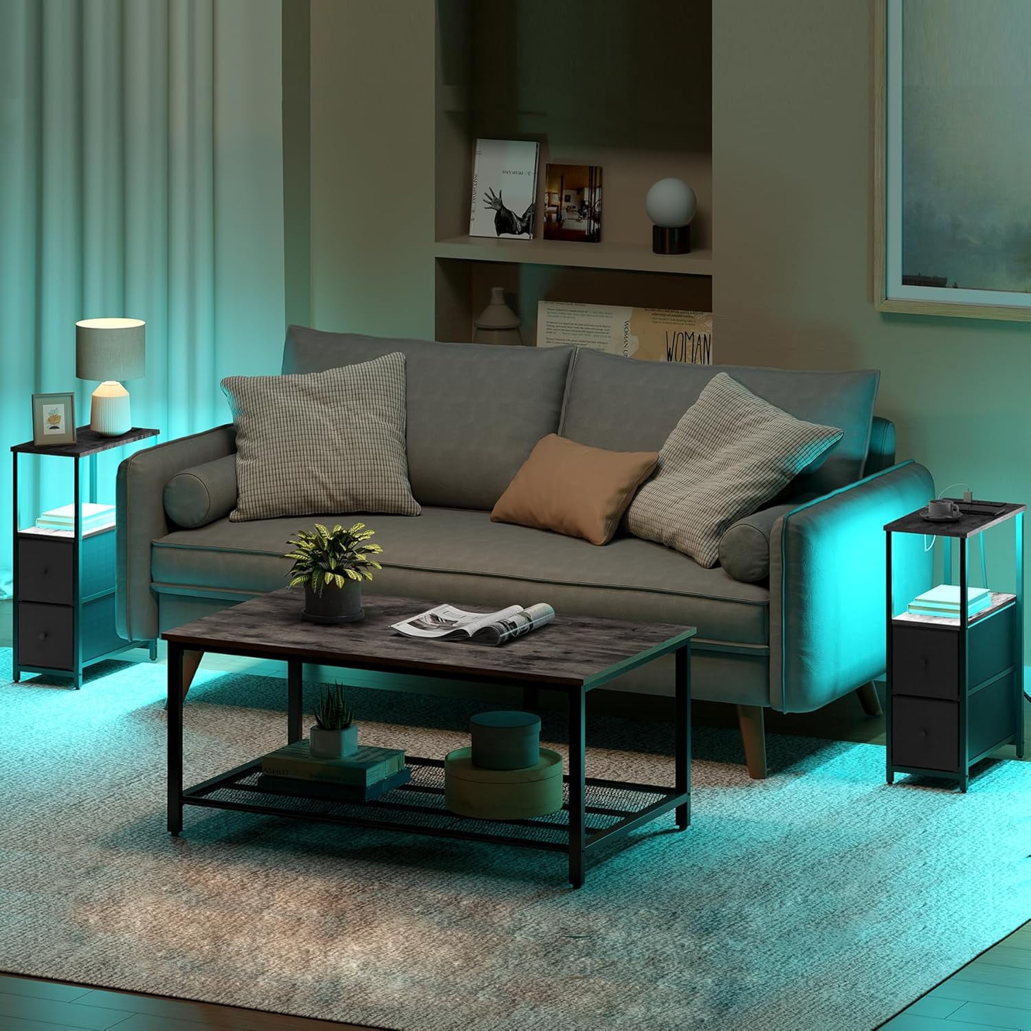 Small Narrow LED End Table with Charging Station, Side Table Outlets, Nightstand with 2 Cloth Drawers, Set of 2, Couch Table, for Living Room, Bedroom, Bedside, Charcoal Grey
