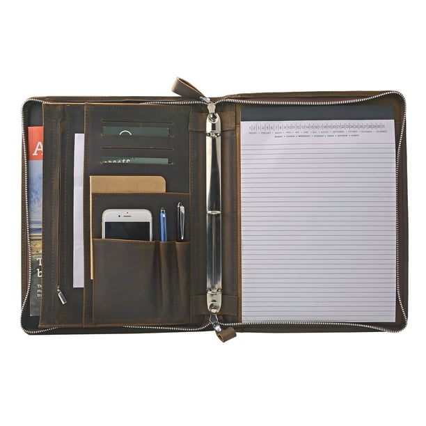 Rustic Leather Padfolio with 3Ring Binder for Letter A4 Paper, 11inch