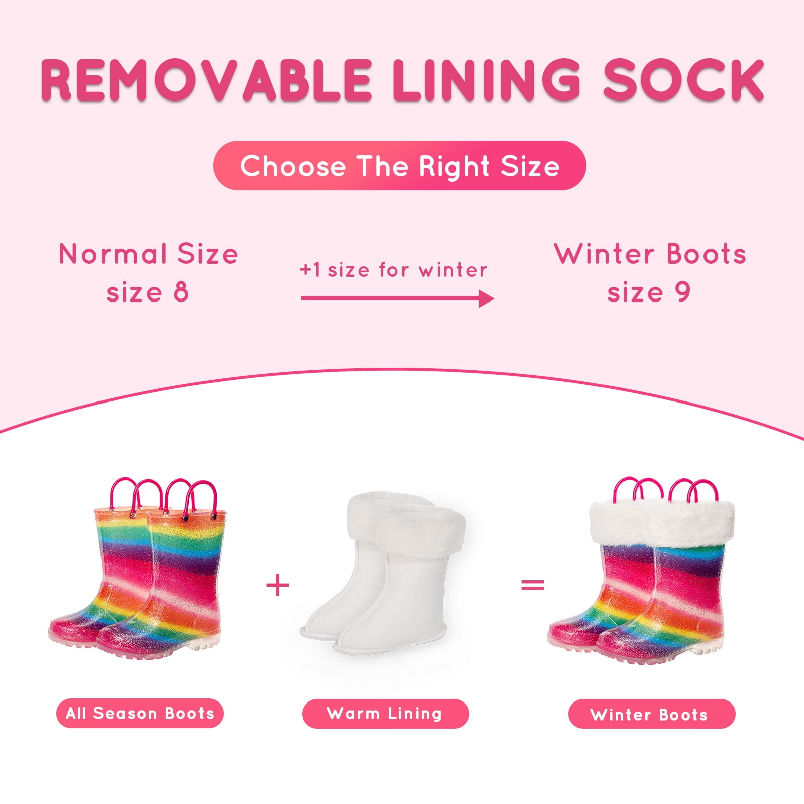 Kids Toddler Light up Rain Boots for Girls Winter Warm Glitter Boots with Removable Lining, Rainbow, Size 2