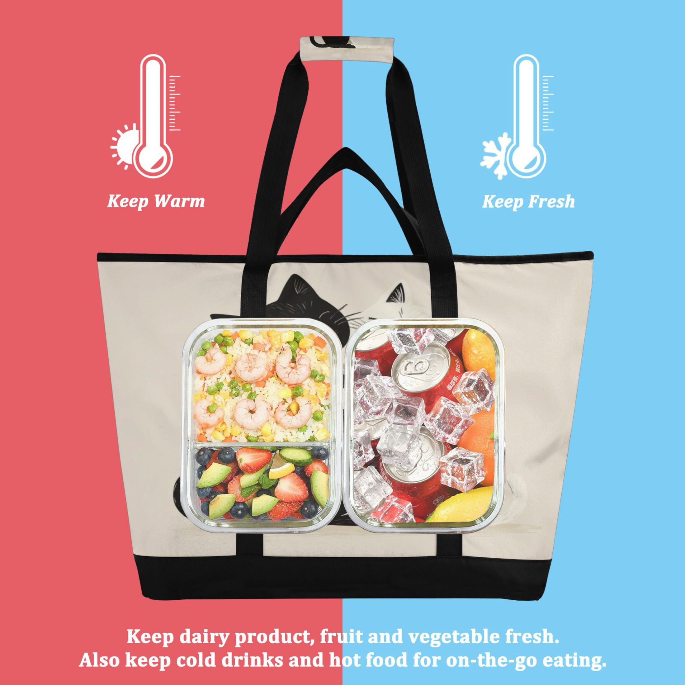 Large Hand-held Ice Pack Picnic Bag Insulation and Refrigeration Suitable for Shopping Picnics and Camping Black Cat and White Cat