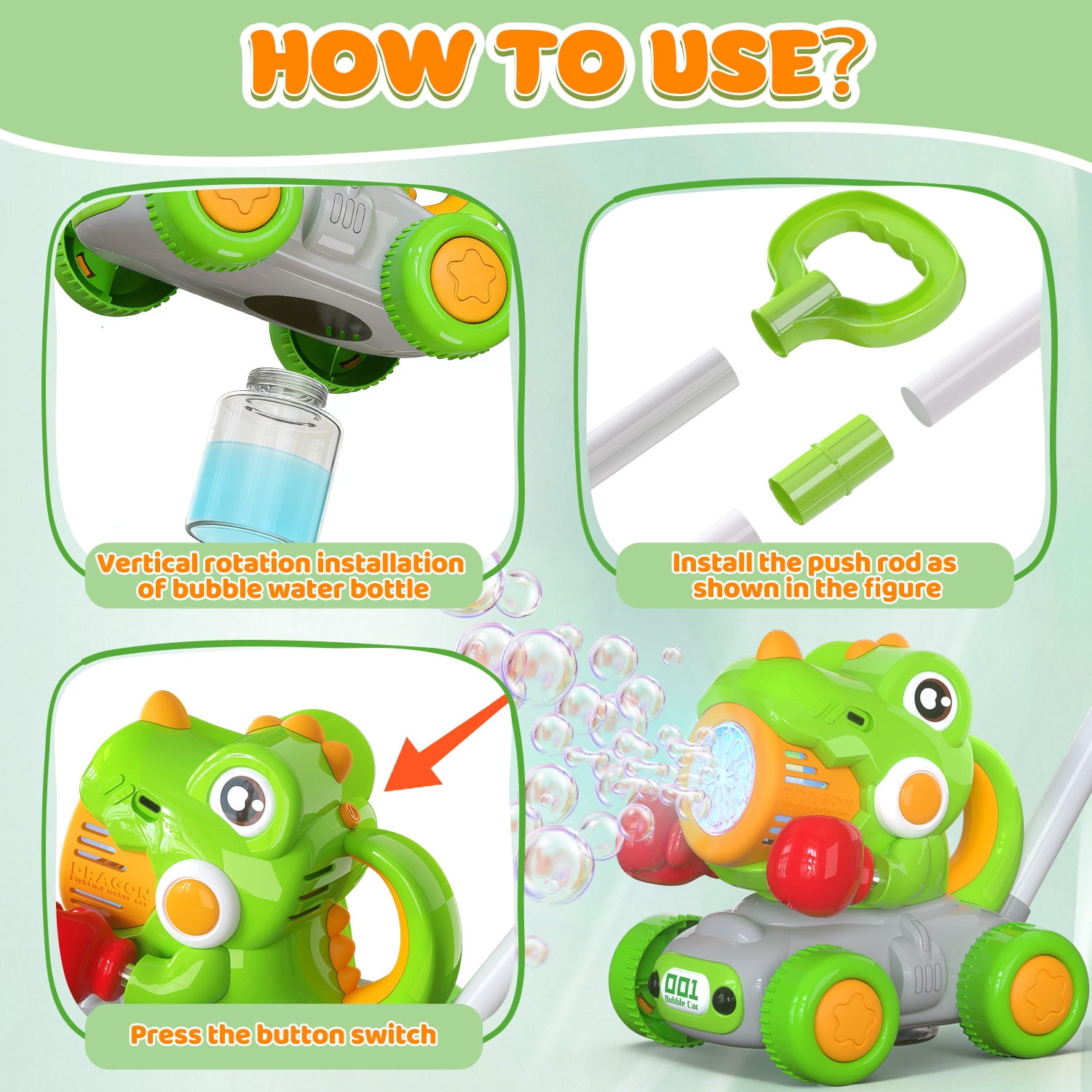 JoyStone Automatic Bubble Machine Toys for Toddlers, Push & Handheld Bubble Lawn Mower with Lights, Rechargeable Bubble Blower Toy for Kids Ages 3–6, Green