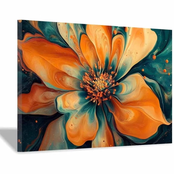Mudket Orange and blue Fluid Art Flower Canvas Wall Art, Framed Floral Print, Ready to Hang Wall Decor for Living Room Bedroom, Abstract Modern Artwork - 12"L x 8"W