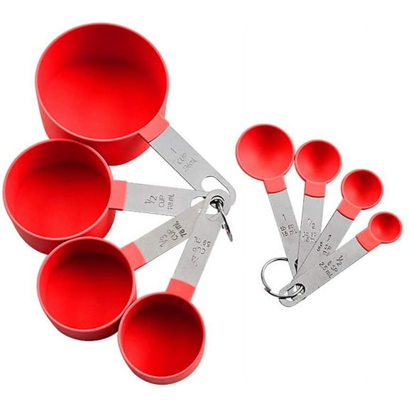 8Pcs/Set Measuring Cups and Spoons Measuring Kit, Stainless Steel Handle Measuring Spoons Baking Cooking Scale Scoop Kitchen Gadgets Tools for Cooking & Baking Red