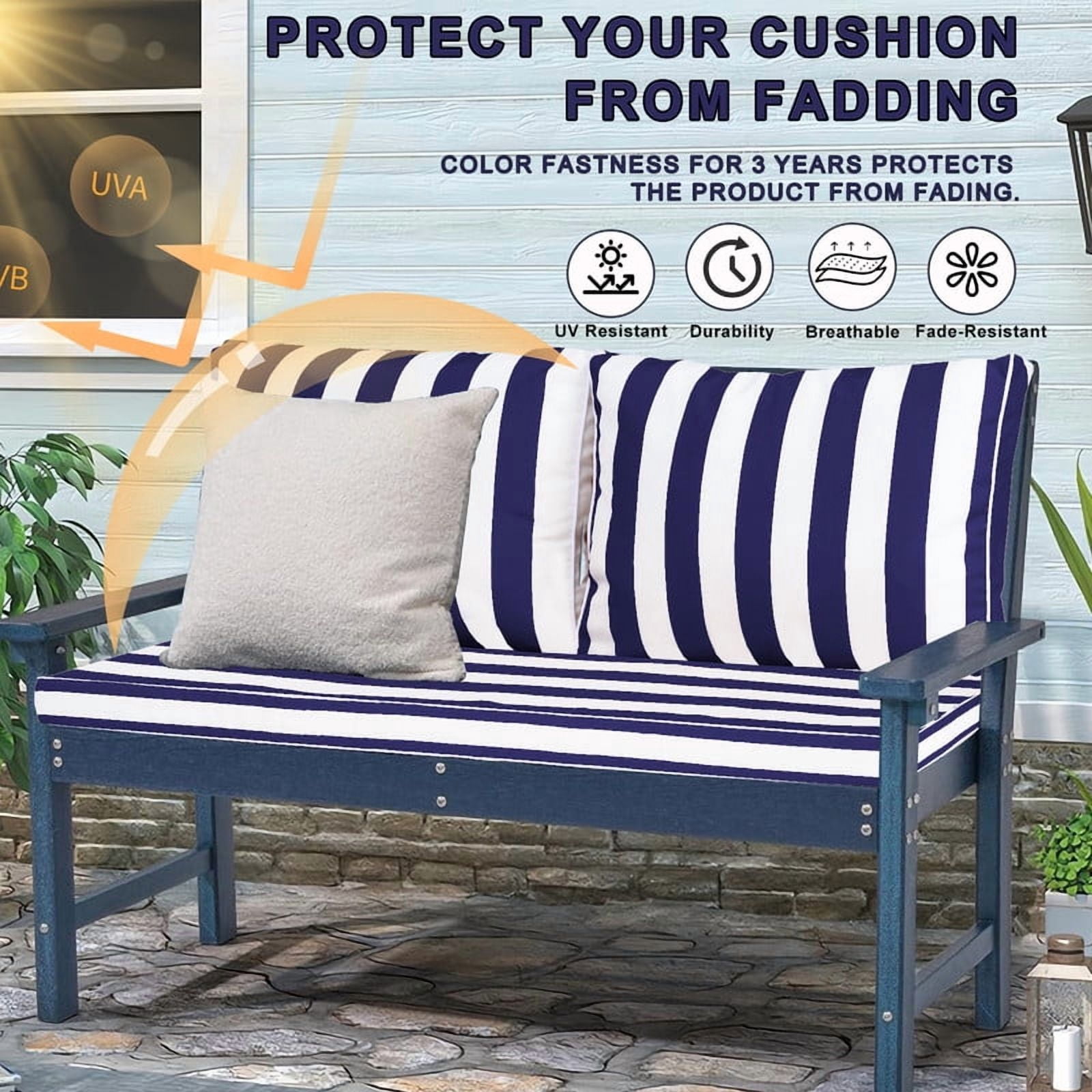 Outdoor Loveseat Cushion Set, 48" x 24" Waterproof Patio Furniture Cushions with Removable Cover, Ties and Hidden Zipper, Patio Love Seat Sofa Cushions（Blue white stripes）