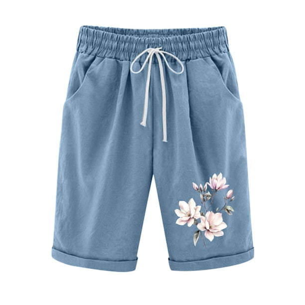 Pantalones Cortos de Verano para las Mujeres de Cintura Alta Estampado Elástico Cordón de Cintura, Casual Bolsillos Pantalones de Pijama