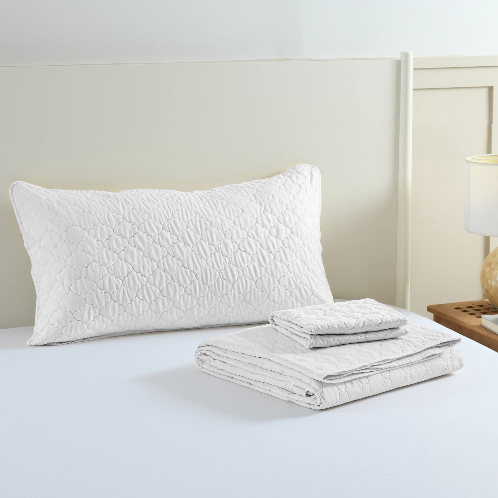 Greagle Ultrasonic Reversible King Size Quilt Set, White Velvet, Soft & Warm, 3-Piece Bedding Set
