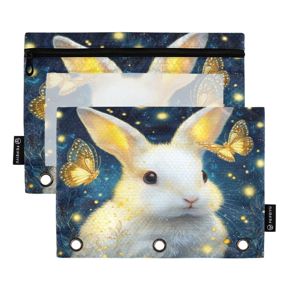 2 Pack 3 Ring Binder Pouch with Clear PVC Window Water Resistant Zipper Pencil Pouch Cute Rabbit and Butterfly Binder Pocket for Classroom Office Home Stationery Organization