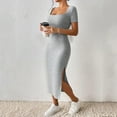 thumbnail image 6 of bbyeadc Women's Summer Bodycon Dresses Square Neck Short Sleeve Casual Sundresses Knit Side Slit Ribbed Midi Dresses (Light Gray, M), 6 of 7
