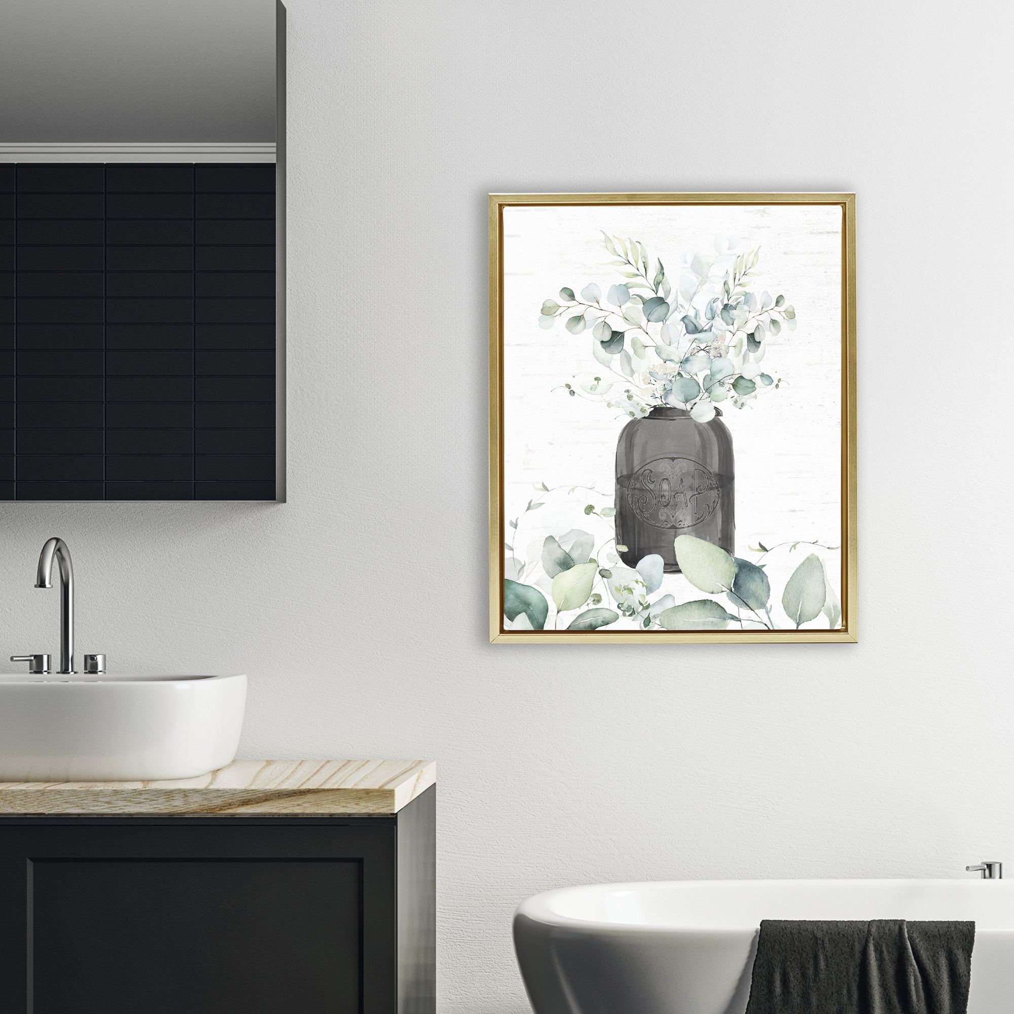 Soap Jar & Eucalyptus Gold Framed Floater Canvas Wall Art, design by Lettered and Lined