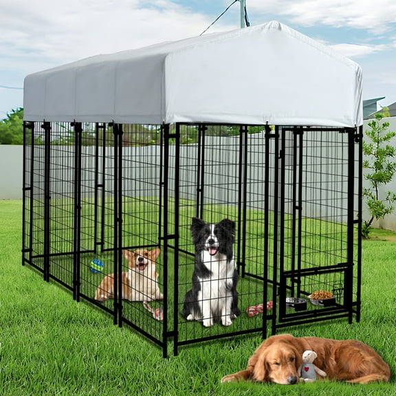 Haverchair Large Outdoor Dog Kennel, Heavy Duty Welded Wire Steel Dog Enclosure Playpen Crate with Waterproof UV-Resistant Roof Cover, Double Lock Dog Kennels Fence with Rotating Feeding Door Bowls