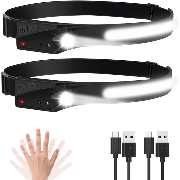 Linterna frontal recargable de 2 piezas, linterna frontal LED superbrillante, linterna frontal de haz ancho de 230 ° con inducción de todas las perspectivas, faros impermeables de 5 modos pa
