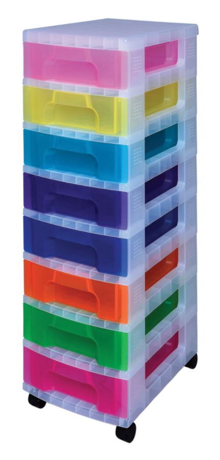 Really Useful Box® Plastic 8-Drawer Storage Tower, 7 Liters, 36 1/2" x 15 3/4" x 12", Clear/Rainbow