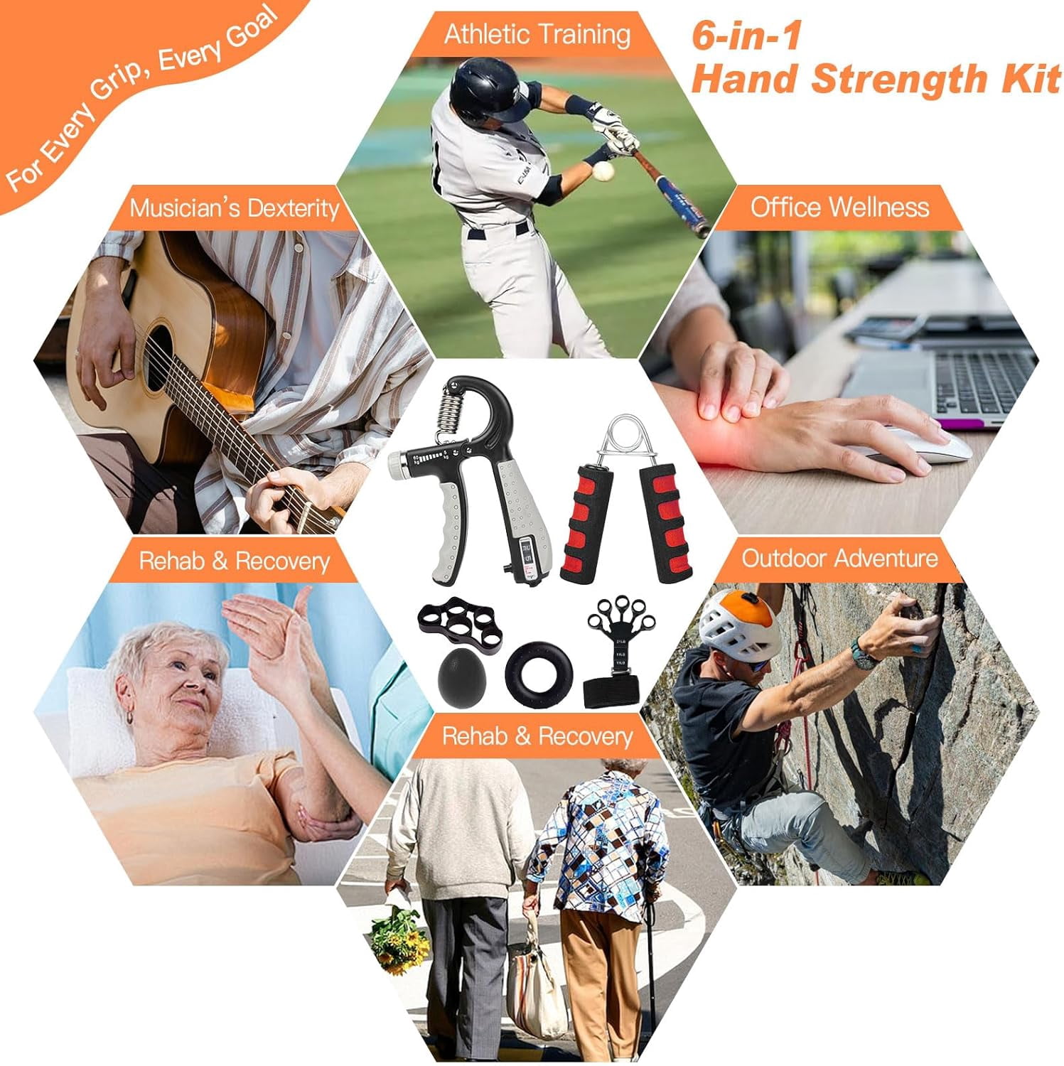 CYFIE Grip Strength Trainer Kit 6 Pack, Adjustable Hand Gripper Strengthener, Forearm Strengthener, Forearm Exerciser, Finger Strengthener, Stress Ball and Grip Ring for Workout Recovery & Musicians