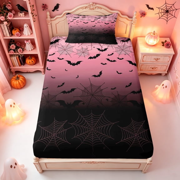 Erosebridal Pink Bat Twin Fitted Sheet, Spider Web Bedding, Black Pink, 2pcs, 1 Fitted Sheet and 1 Pillowcase