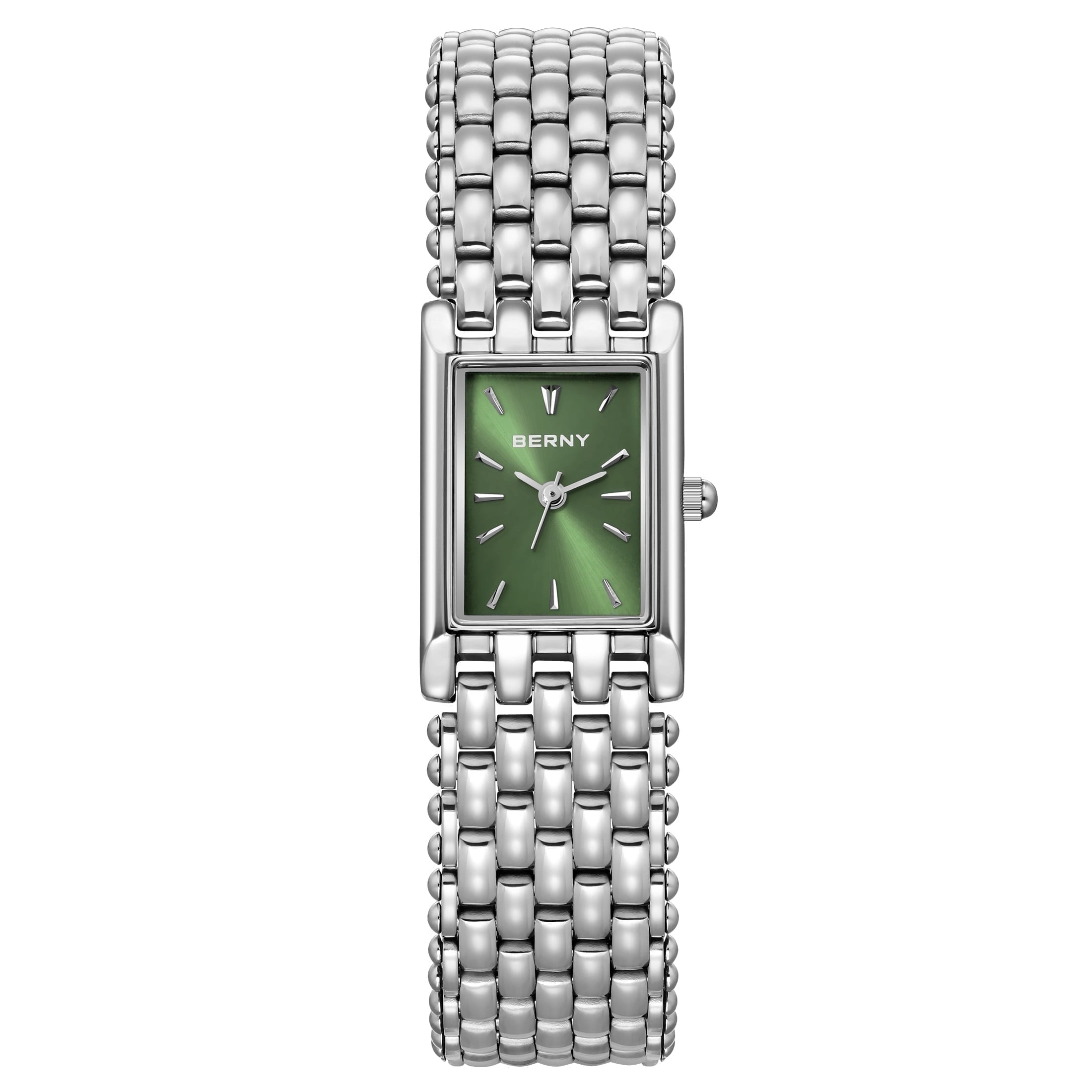 BERNY Small Silver Watches for Women, Dainty Rectangular Women Watch with Stainless Steel Bracelet Band, Japanese Quartz Movement, 3ATM Waterproof, Classic Dress Ladies Wristwatch (Green)