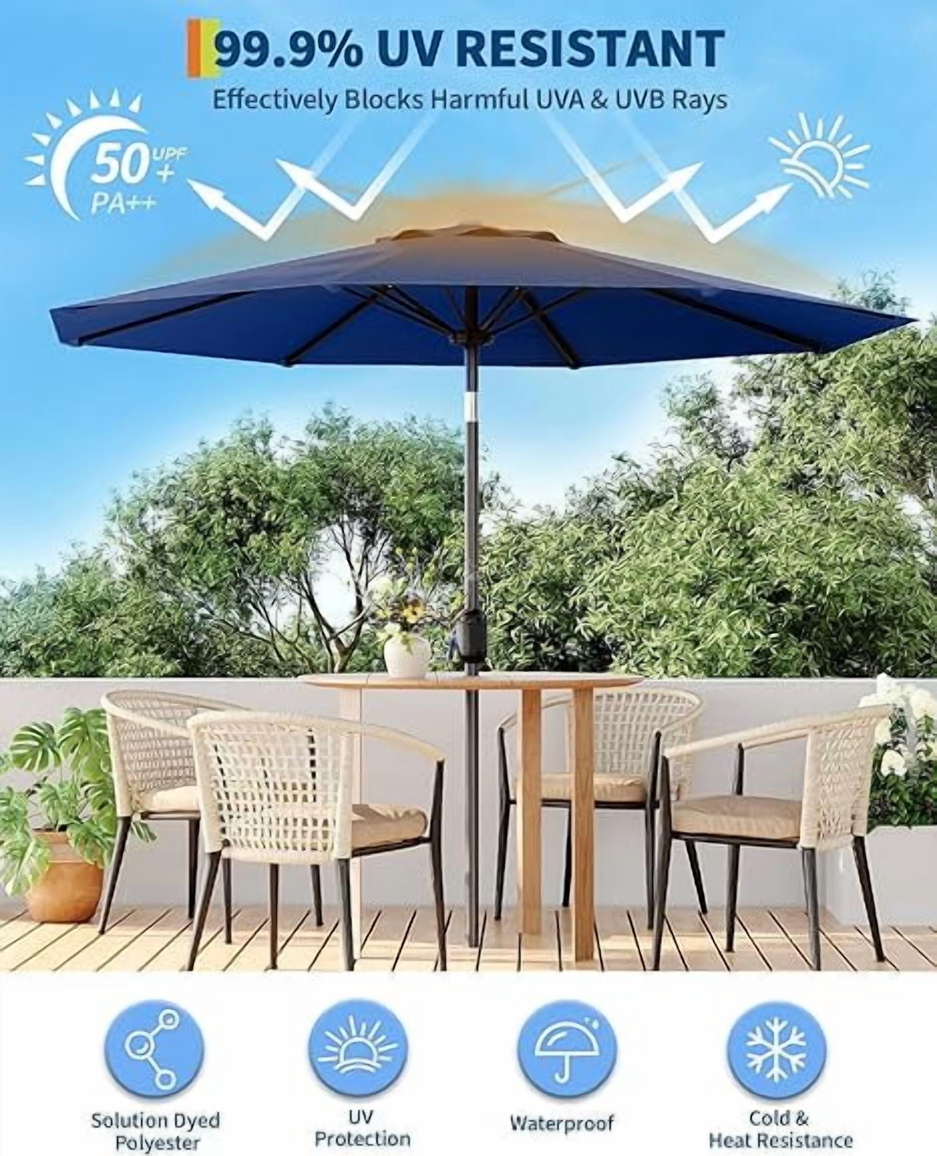 9FT Outdoor Patio Umbrella, Outdoor Table Umbrella, Market Umbrella With Push Button Tilt and Crank, 6 Sturdy Ribs UV Protection Waterproof for Garden, Deck, Backyard, Pool