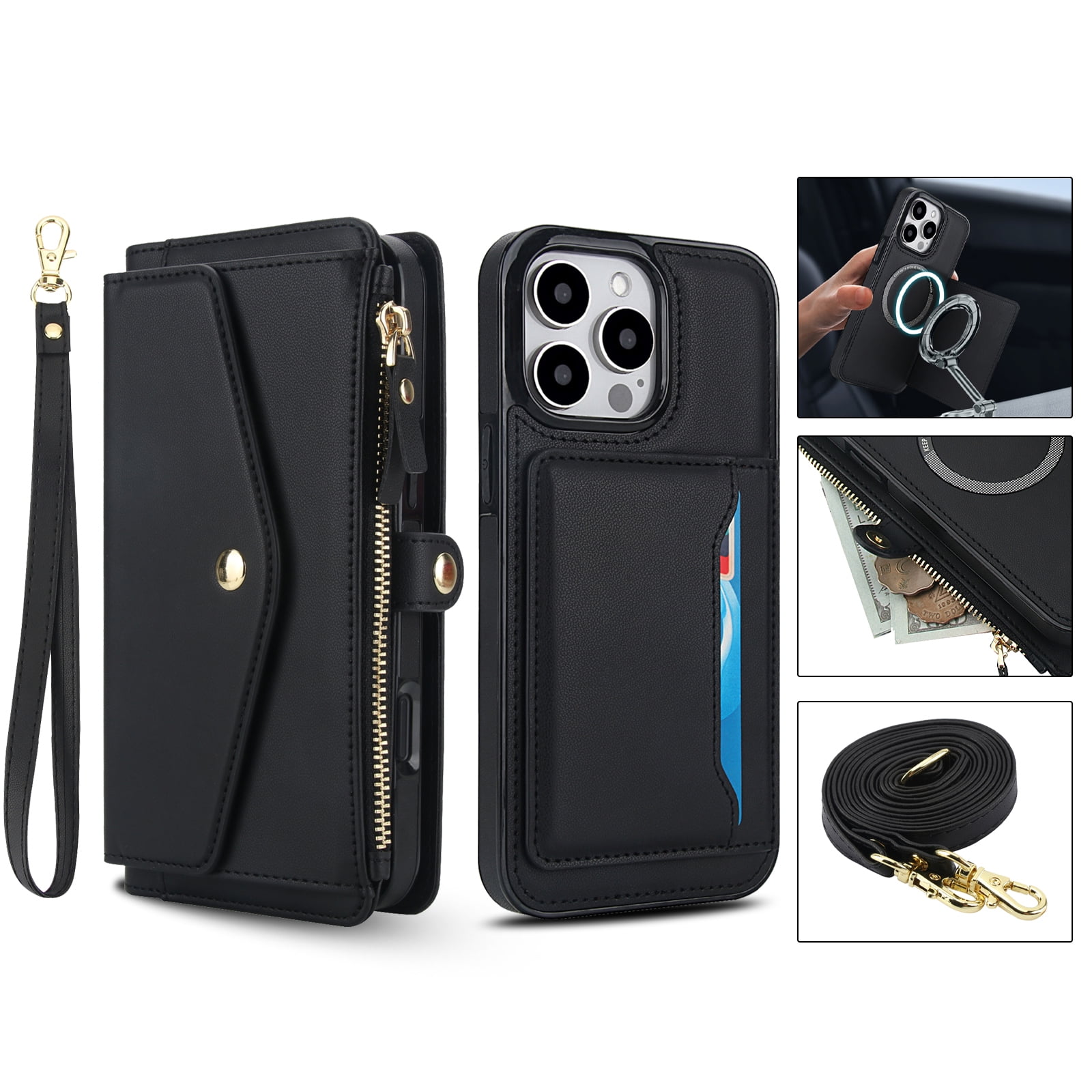 Designed for iPhone 15 Pro Multi-Function Wallet Phone Case,With Shoulder Strap&Wrist Strap,Cash Pocket&Card Slots,Zipper Purse,Magnetic Detachable PU Leather Flip Phone Case,Black
