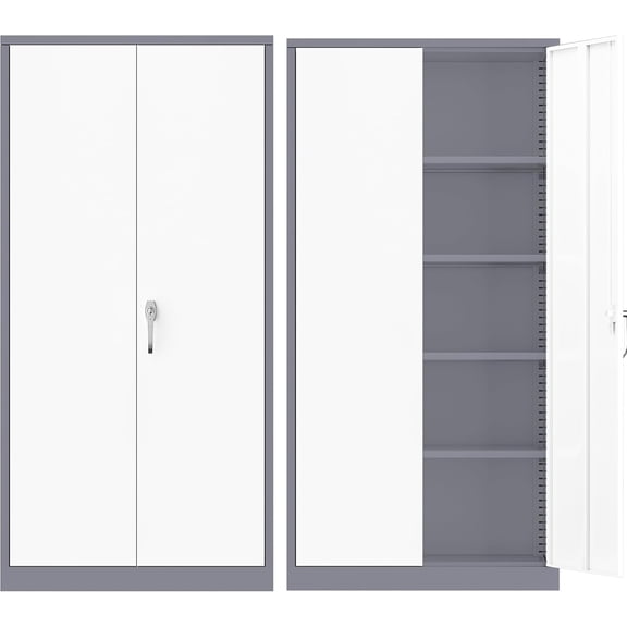 Superday 72" Lockable Steel Storage Cabinet, Locking Metal Storage Cabinets, Tall White Grey Cabinet with 2 Doors and 4 Adjustable Shelves for Garage, Home Office, Classroom, File, Easy Assemble