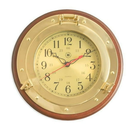 Bey-Berk International SQ500 Brass Porthole Quartz Clock on Dark Cherry Wood