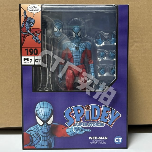 figura de spiderman de ct toys, mafex 190, web man shf 185, spider miles morales 2099, modelo de figura de acción de anime spider-man caja frontal con ventana que muestra figura articulada rojo y azul, manos intercambiables, dos cabezas extra y accesorios en bandeja; embalaje morado con texto "SPIDEY SUPER STORIES" y logo CT, recomendada 14+.