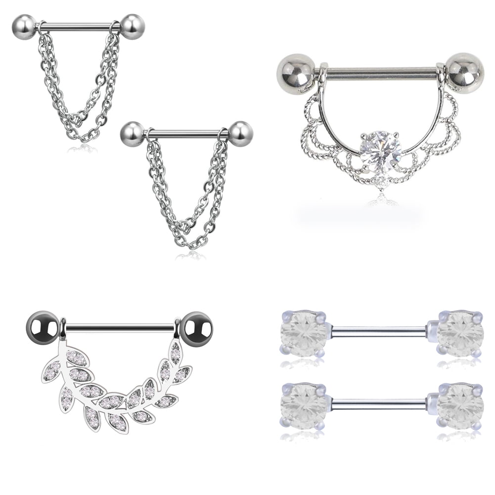 D-GROEE 8 Pairs Stainless Steel Nipple Rings Body Jewelry Piercing Shiny Tongue Nose Ring Barbell Heart Leaves Rhinestone for Women Girls
