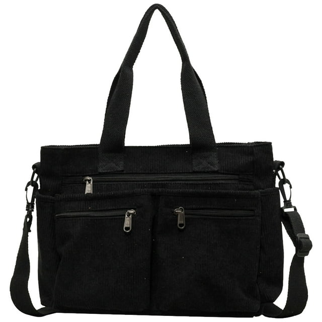 Bolso de mano de pana para mujer con múltiples bolsillos bolso de viaje con cremallera (negro)