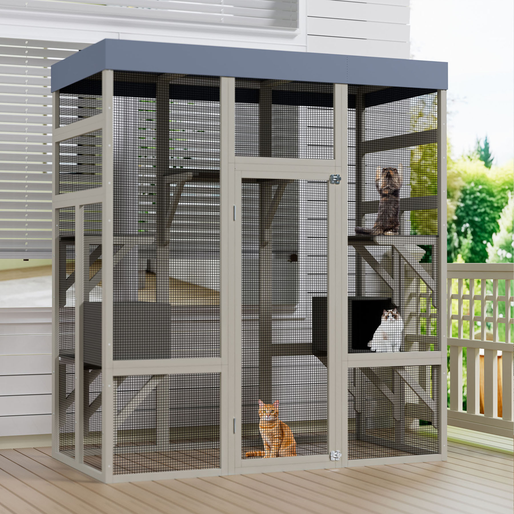 S-HOME Gray Wooden Catio Outdoor Pet House with Waterproof Top, Secure Enclosure with Galvanized Mesh and 2 Napping Boxes