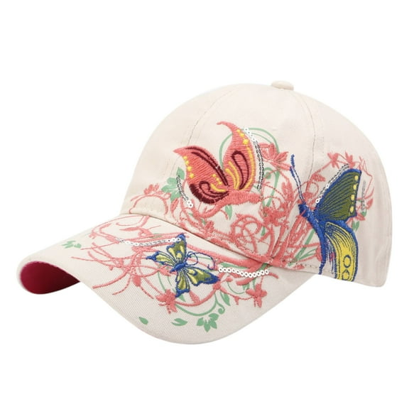 Women's Embroidered Butterfly Baseball Cap with Floral Sequin Accents and Curved Brim for Artistic Casual Style - Beige
