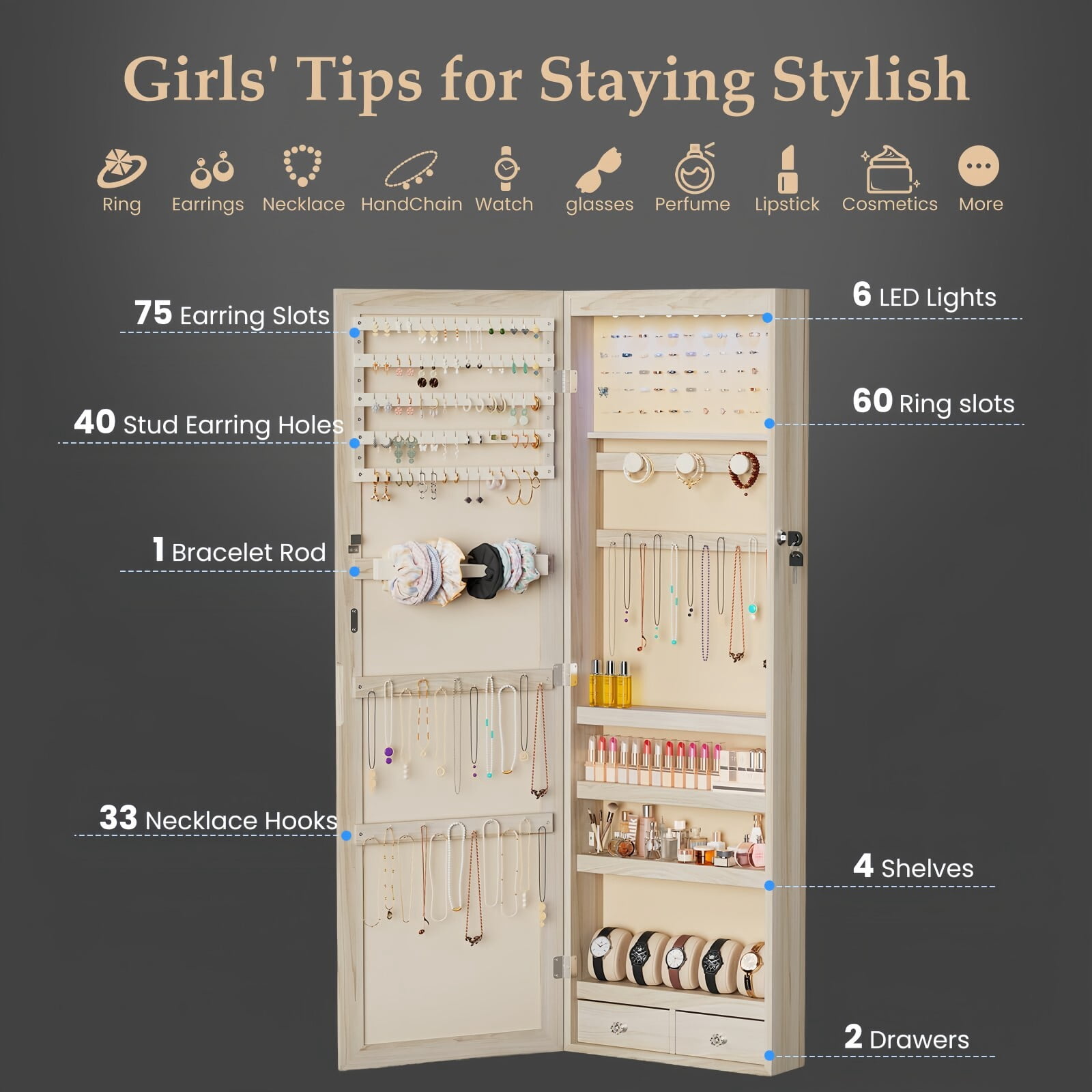 Kelno 47" Jewelry Armoire with HD Mirror LED Lights Wall/Door Mounted Jewelry Organizer Cabinet, Khaki