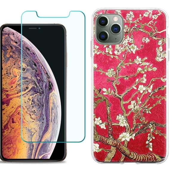 For Apple iPhone 11 Pro Max Phone Case , Slim-Fit TPU Case with Tempered Glass Screen Protector, by OneToughShield ® - Almond Blossom Red