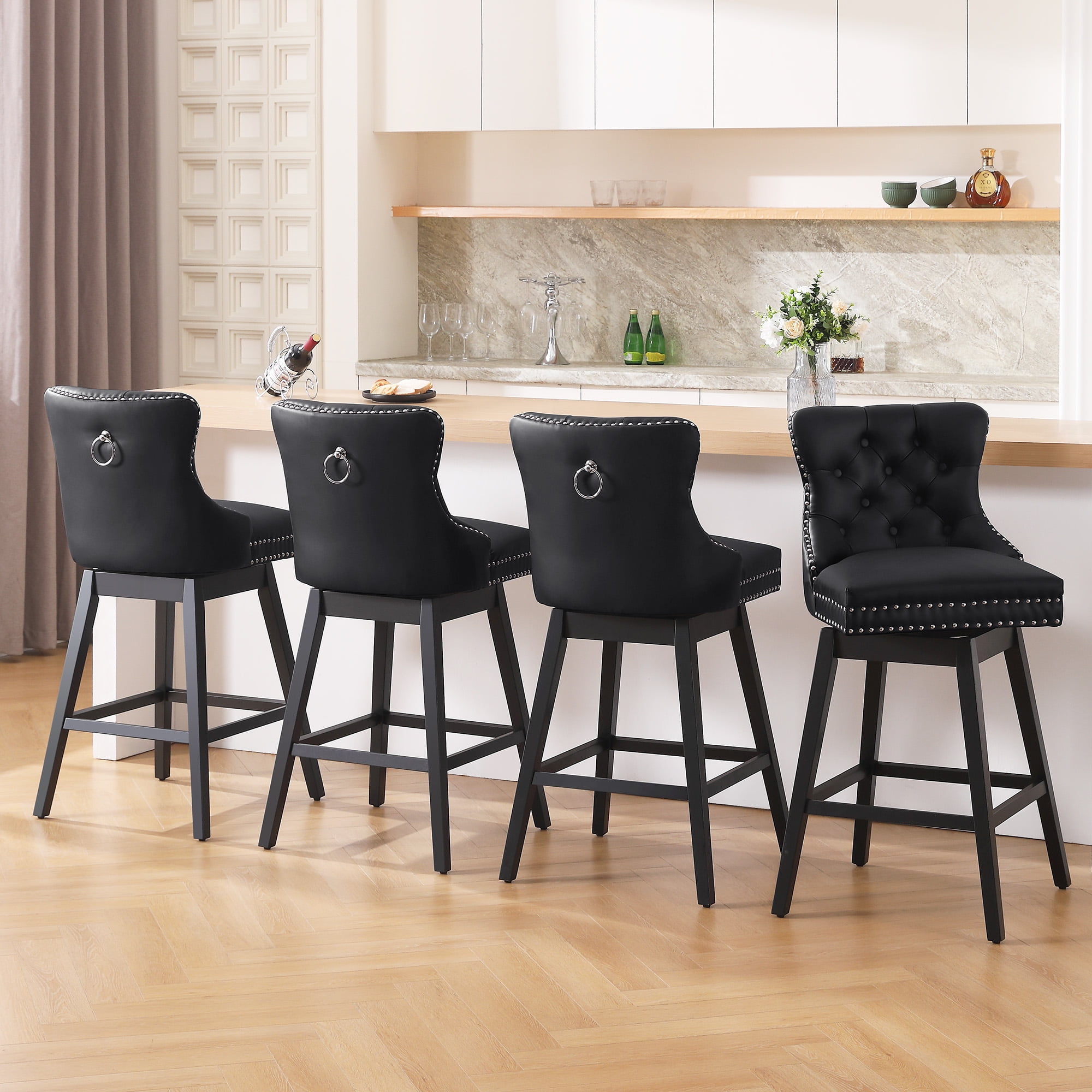 Tewloss 26" Swivel Bar Stools Set of 4 Leather Counter Height Chairs for Home Kitchen Dining, Black