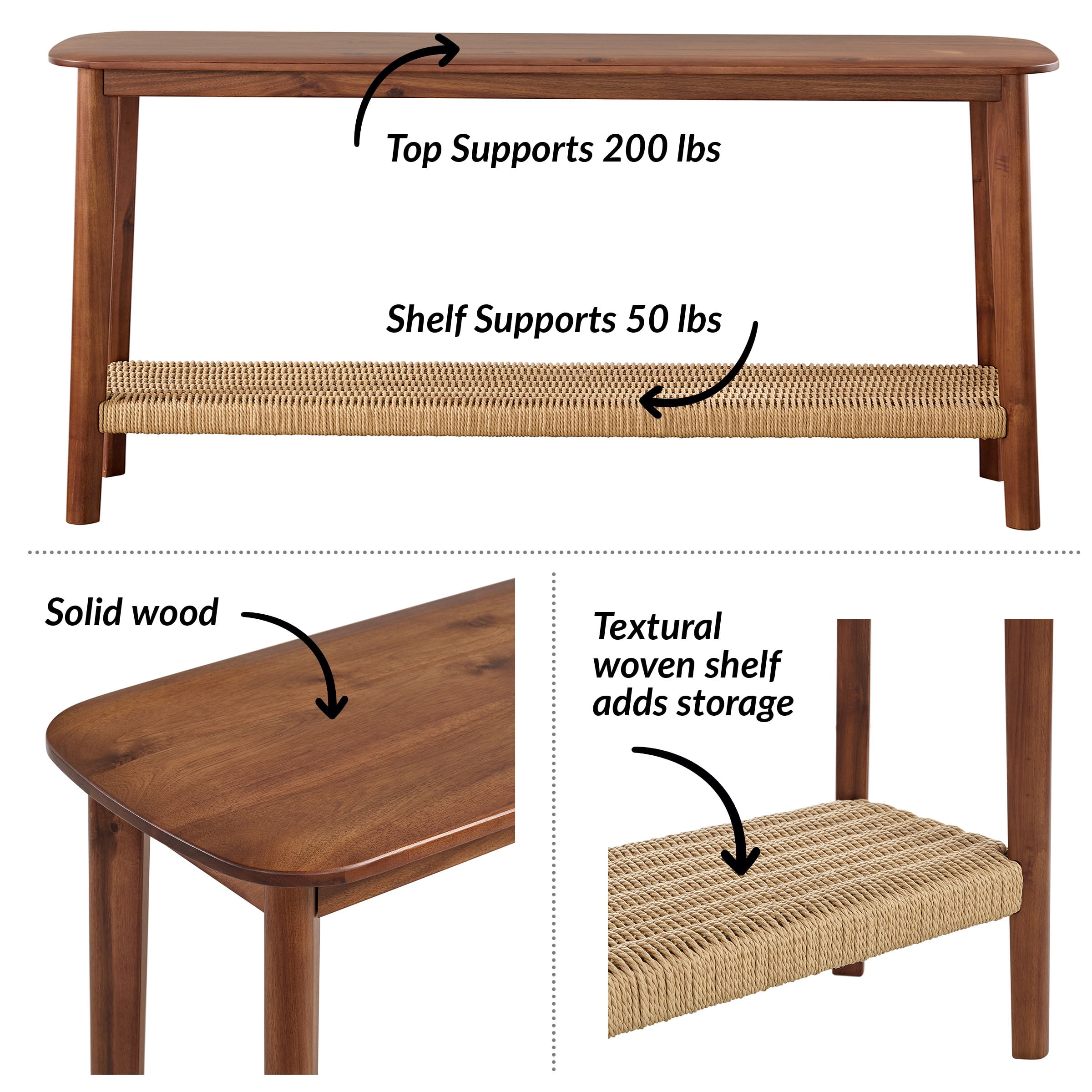 Alaterre Furniture Calais 48 in. Acacia Wood Console Table with Shelf, Modern Sofa Table, Warm Chestnut