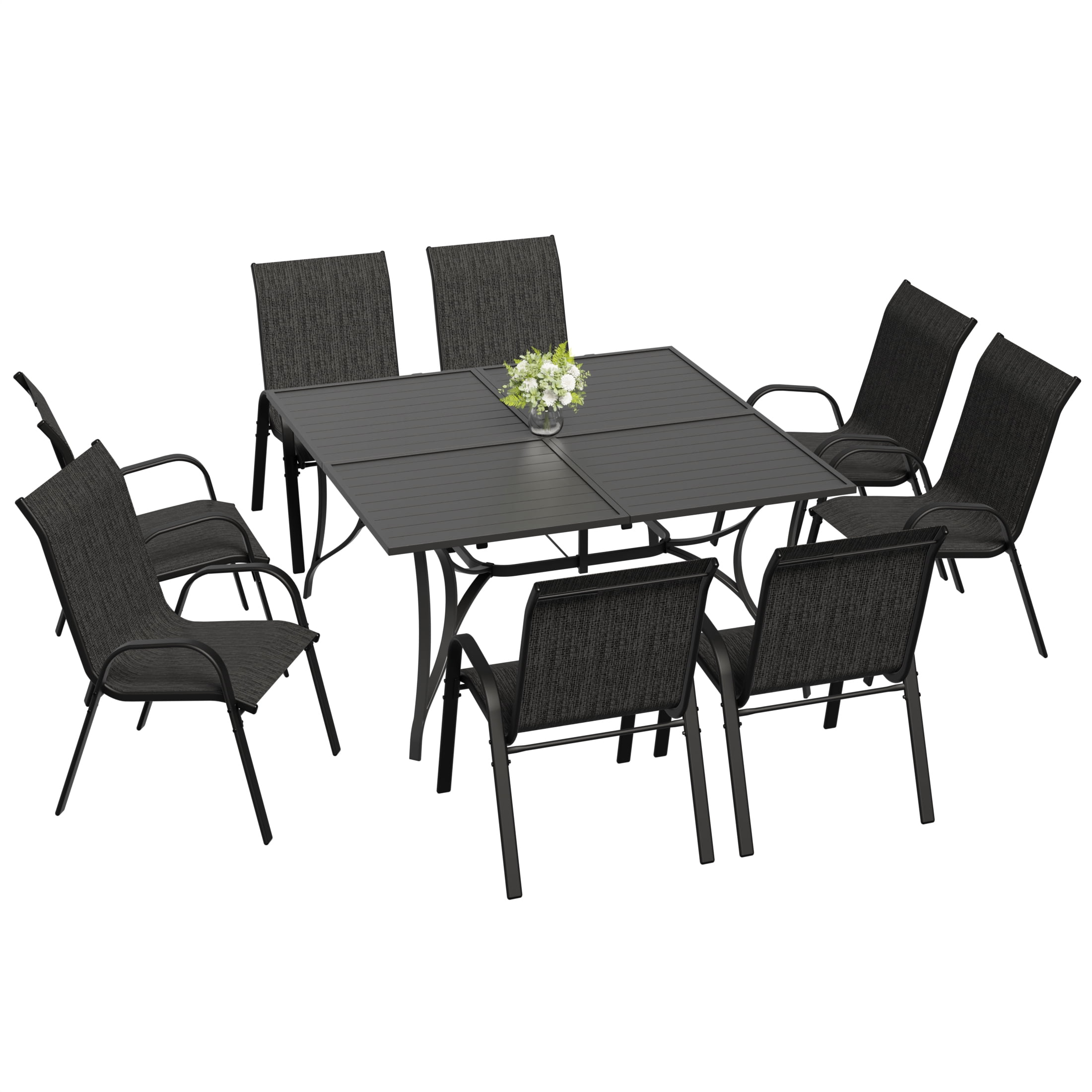 ELPOSUN 9-Piece Outdoor Patio Dining Set, 8 Textilene Chairs & Large Square Steel Table with Umbrella Hole, All-Weather Furniture for Garden, Balcony,Dark gray