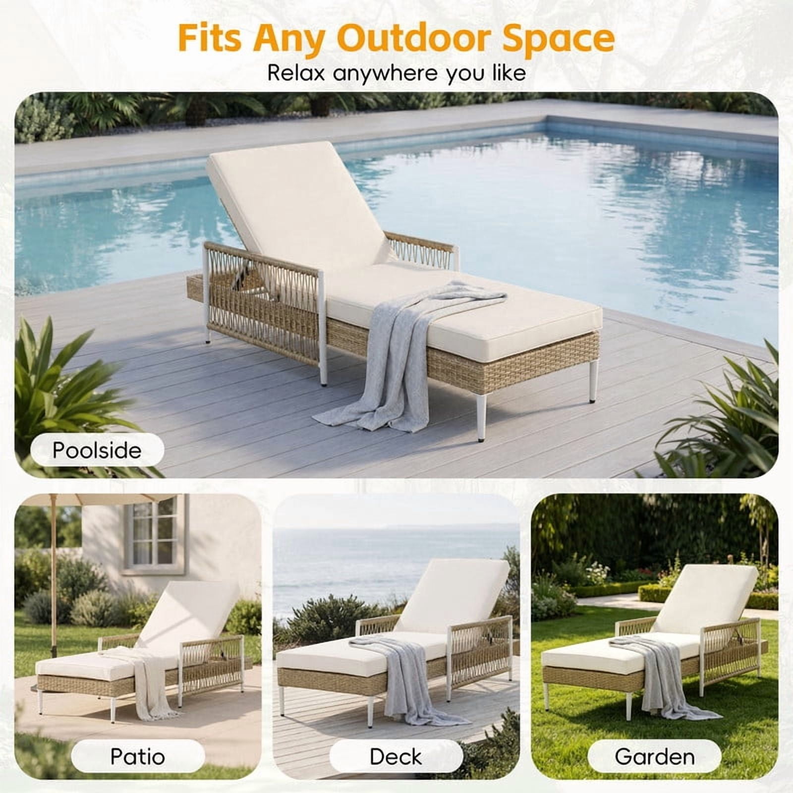 Howcool Outdoor All-Weather PE Rattan Chaise Lounge,Hand-Woven Wicker Patio Recliner with 6 Adjustable Positions, Armrests, Thick Cushion & Removable Cover,400 lbs Capacity,Beige