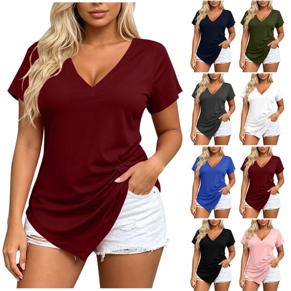 Womens V Neck Irregular Hem Tops Short Sleeve Casual T Shirts Solid Color Loose Fit Asymmetric Summer Blouses for Women Plus Size M-2XL White XL(XL)
