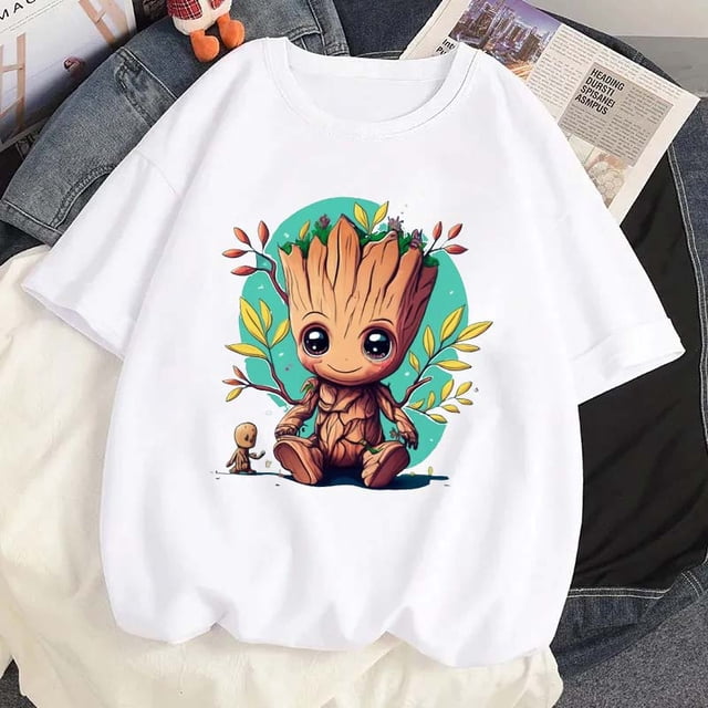Camisetas con estampado de Marvel Baby Groot para mujer, ropa de calle informal a la moda, camisetas de dibujos animados para mujer, Camiseta con cuello redondo