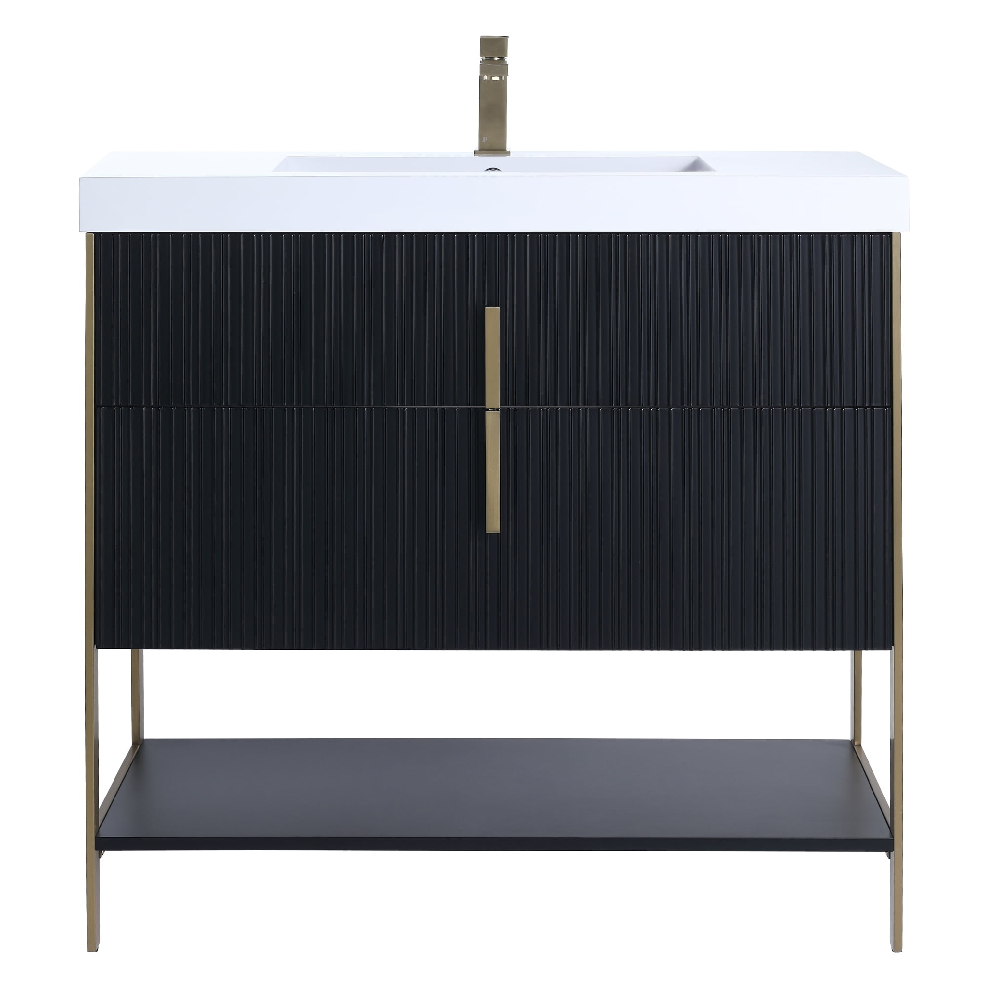 Fine Fixtures Serenity 36 in. W x 18 in. D x 33.5 in. H Bathroom Vanity in Black Matte with White Gel Coated Thick Edge Top with Satin Brass Hardware