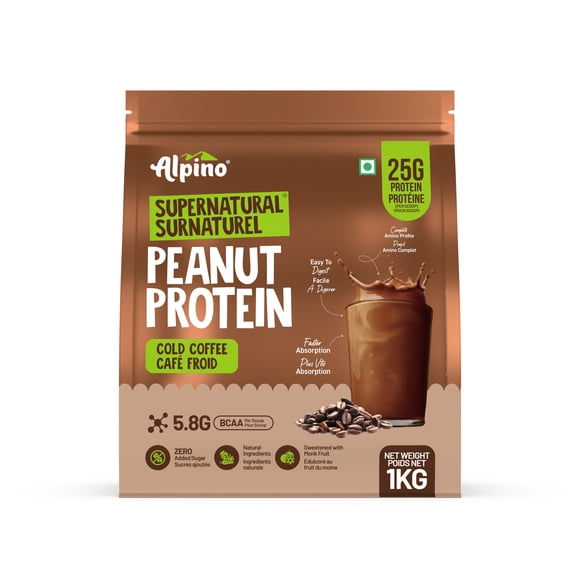 Alpino Poudre de Protéines d'Arachide Café Froid 1 kg / 25 g de Protéines, 5,8 g de BCAA / Sans Sucre Ajouté / Conservation à Température Ambiante /